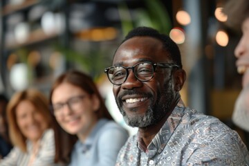 Fototapeta premium Man smiles, sits, wears glasses, has a beard with people around