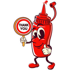 vector vintage illustration of cute ketchup bottle mascot character carrying a sign saying thank you, work of hand drawn