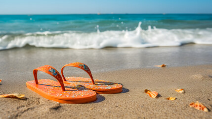 Orange flip flops on beach