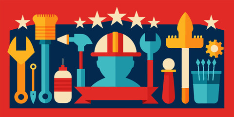 Colorful vector illustration of a worker in hard hat surrounded by tools and a banner, symbolizing the celebration of labor day and the appreciation of employees in the labor force