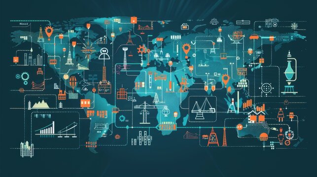 A Global Map Overlaid With Icons Representing Different Industrial Sectors, Illustrating The Interconnectedness Of Global Industry