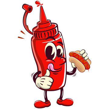 vector vintage illustration of cute ketchup bottle mascot character with hotdog, work of hand drawn