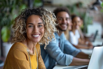 Fototapeta premium Woman smiling laptop people background