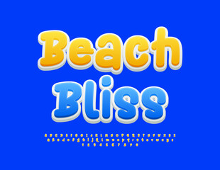 Vector idyllic emblem Beach Bliss with handwritten Blue Font. Creative Alphabet Letters and Numbers set