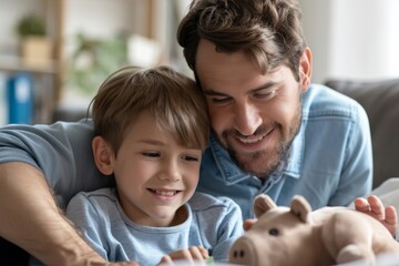 Obraz premium Father-child piggy bank couch