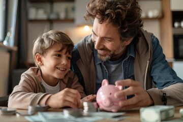 Man and boy at table with piggy bank