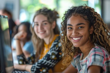 Fototapeta premium Curly-haired woman smiles at computer