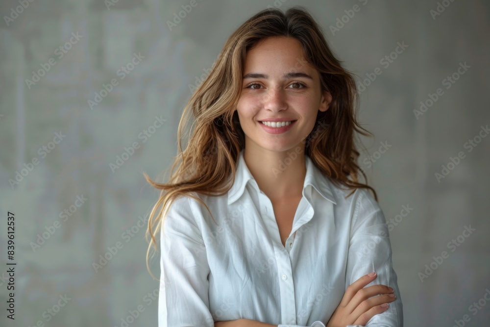 Wall mural Happy woman in white shirt arms crossed and smiling