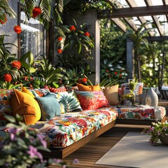 A colorful couch with pillows and a vase on it