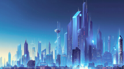 Futuristic Cityscape with Digital Grid and Neon Lights at Dusk. Connected Smart City, Cyber Megapolis, Skyscrapers Silhouette, Vibrant Sky. Business, Technology, AI Infrastructure, Urban Development