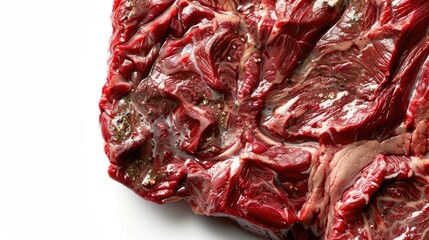Fototapeta premium A close-up of a marbled sirloin steak on a white background. Realism Photography High detail Appetizing and rich