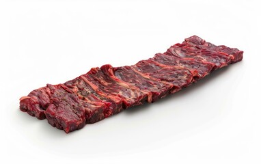 Obraz premium Succulent Marbled Skirt Steak: High-Contrast Realism Photography of Rich and Delicious Meat on White Background.