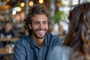 Obraz premium Man with beard smiles at table