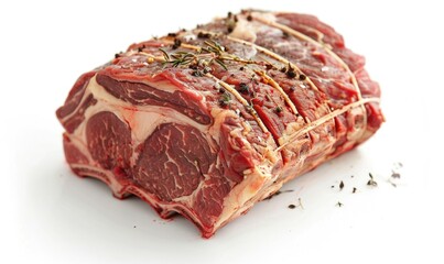 Fototapeta premium Succulent Marbled Prime Rib on White Background - Realistic High-Resolution Image of Luxurious and Tender Meat