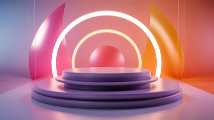 Obraz premium Summer Abstract Circular Purple Podium in Pastel Colors for Modern and Minimalist Product Display with Neon Arch Background and Vibrant Gradient.