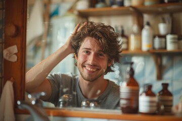 Man viewing reflection with hair in mirror