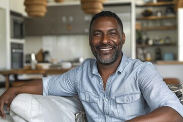 Fototapeta premium Man smiling on sofa in kitchen with wooden table