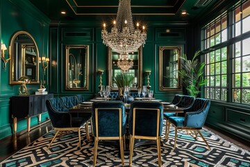 An elegant Hollywood Regency dining room with deep emerald green walls and gold accents The room features a large black lacquer dining table with gold trim