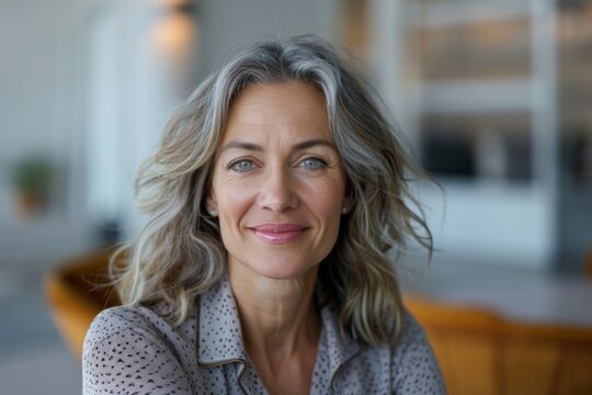 Smiling blonde woman with gray hair and blue eyes