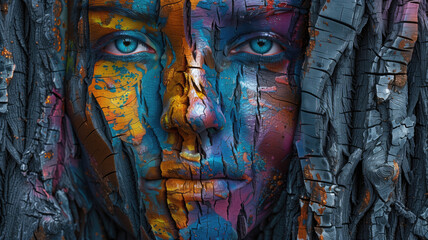 Fototapeta premium Abstract colorful Portrait of Human face on wood bark. Bold Brush. Generative AI