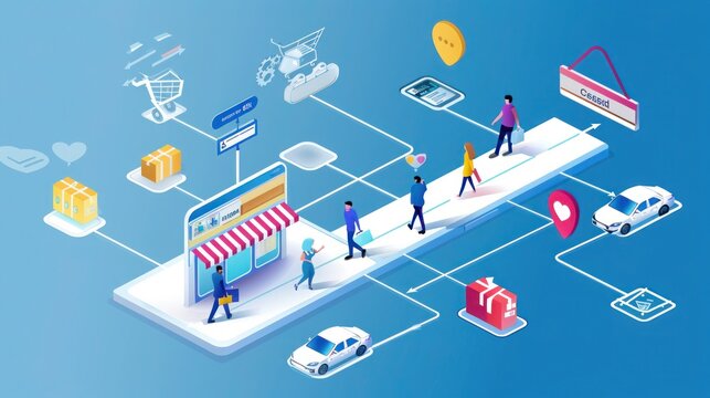 Customer buying process flat isometric vector