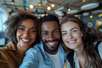 Fototapeta premium Three individuals capturing self-portrait at eatery