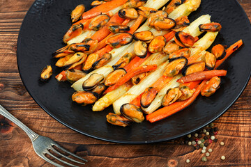 Delicious mussels with asparagus, tasty salad.