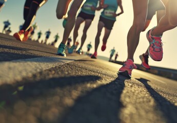 Fototapeta premium A group of people running in the marathon, wearing colorful shoes and shorts on their legs.