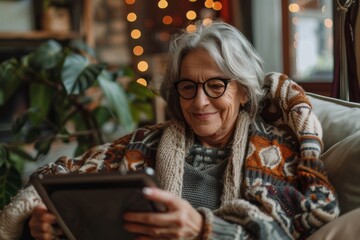 Obraz premium Elderly woman on couch with tablet