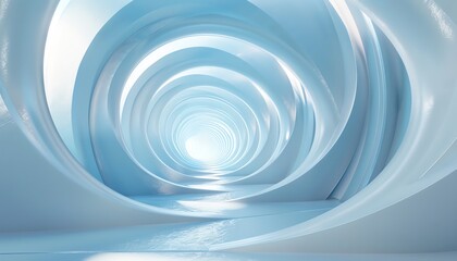 Abstract white spiral tunnel, blue accents, futuristic and geometric, front view, dramatic lighting 3d render illustration