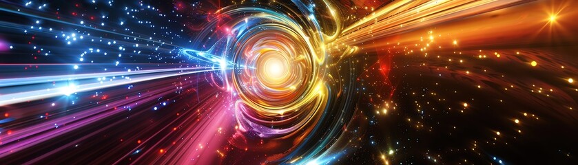 Obraz premium Abstract space warp, vibrant colors, dynamic motion towards a bright light