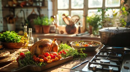 Obraz premium A table with a roasted chicken, a bowl of soup, and a pot of stew