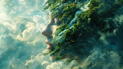 Fototapeta premium Surreal face with nature and clouds