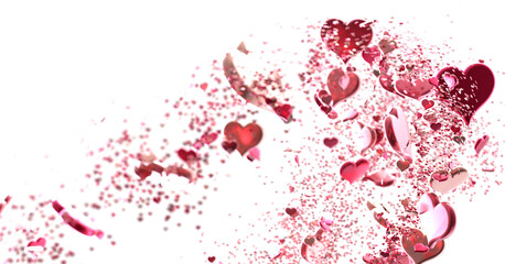 Falling red and pink hearts isolated on transparent background. Valentine’s day design.  PNG