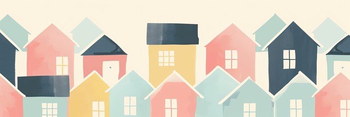Simple, abstract shapes of cute houses in pastel colors, arranged in a minimalist pattern