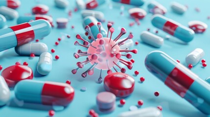 A medical concept image showing red and blue capsules around a virus model, symbolizing antiviral medication and healthcare.