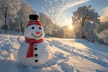 Obraz premium Winter snowman red scarf hat