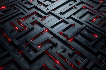 Abstract black background with red lines and shapes interlacing geometric patterns of black lines on a dark gray background wallpaper and background concept
