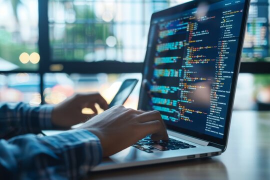 Person typing on laptop with extensive code on screen