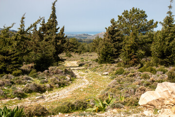 Landscape of Kos and view of the coastline and Pserimos island from  Kos Island South Aegean Region (Südliche Ägäis) Greece