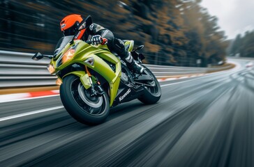 A light green motorcycle is turning, with the rider wearing an orange helmet and white