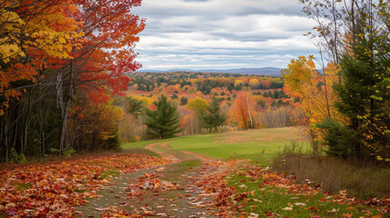 Vibrant autumn foliage in red, orange, and yellow frames a picturesque countryside with a winding path blanketed by fallen leaves.