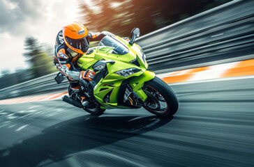 A light green motorcycle is turning, with the rider wearing an orange helmet and white