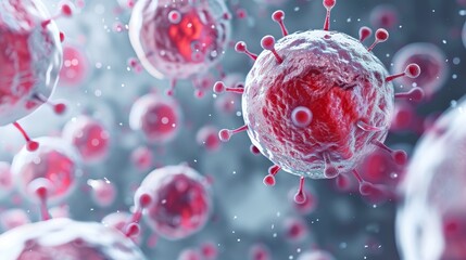 Close-up view of virus cells, showcasing their complex structure in a vibrant, high-resolution digital illustration.