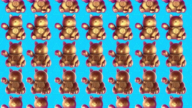 A looping background pattern of golden 3D Lucky Cats with waving paws on a blue background.