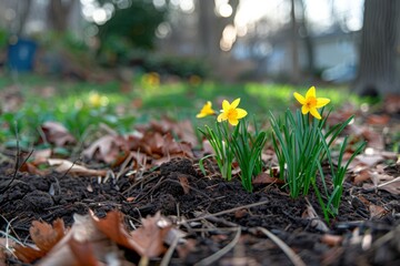 Pair of yellow blossoms in soil