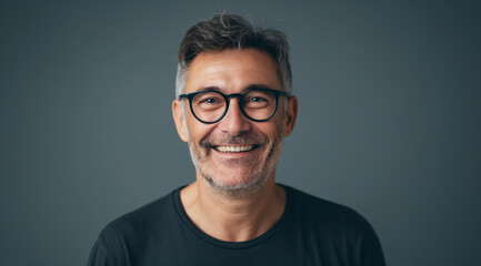 Obraz premium A man with glasses is smiling and looking at the camera. He is wearing a black shirt and glasses. handsome man in glasses smiling against a gray background