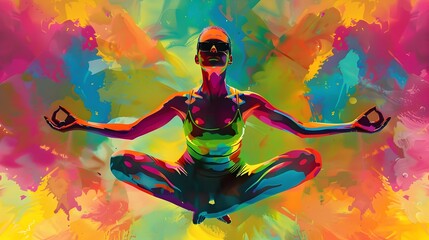 Vibrant Yoga Levitation in Pop Art Style - Captivating Dynamic Pose Surreal Expressive Digital