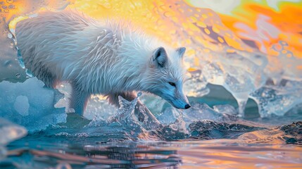 Obraz premium Arctic Fox Facing the Consequences of Climate Change in Surreal Melting Landscape