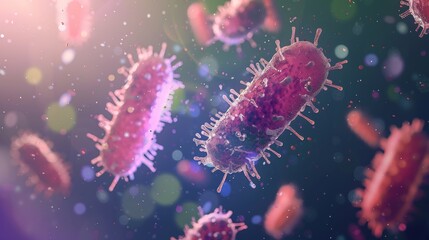 Fototapeta premium Microscopic view of bacteria with vibrant lighting, illustrating a science and medical concept, ideal for educational and research purposes.